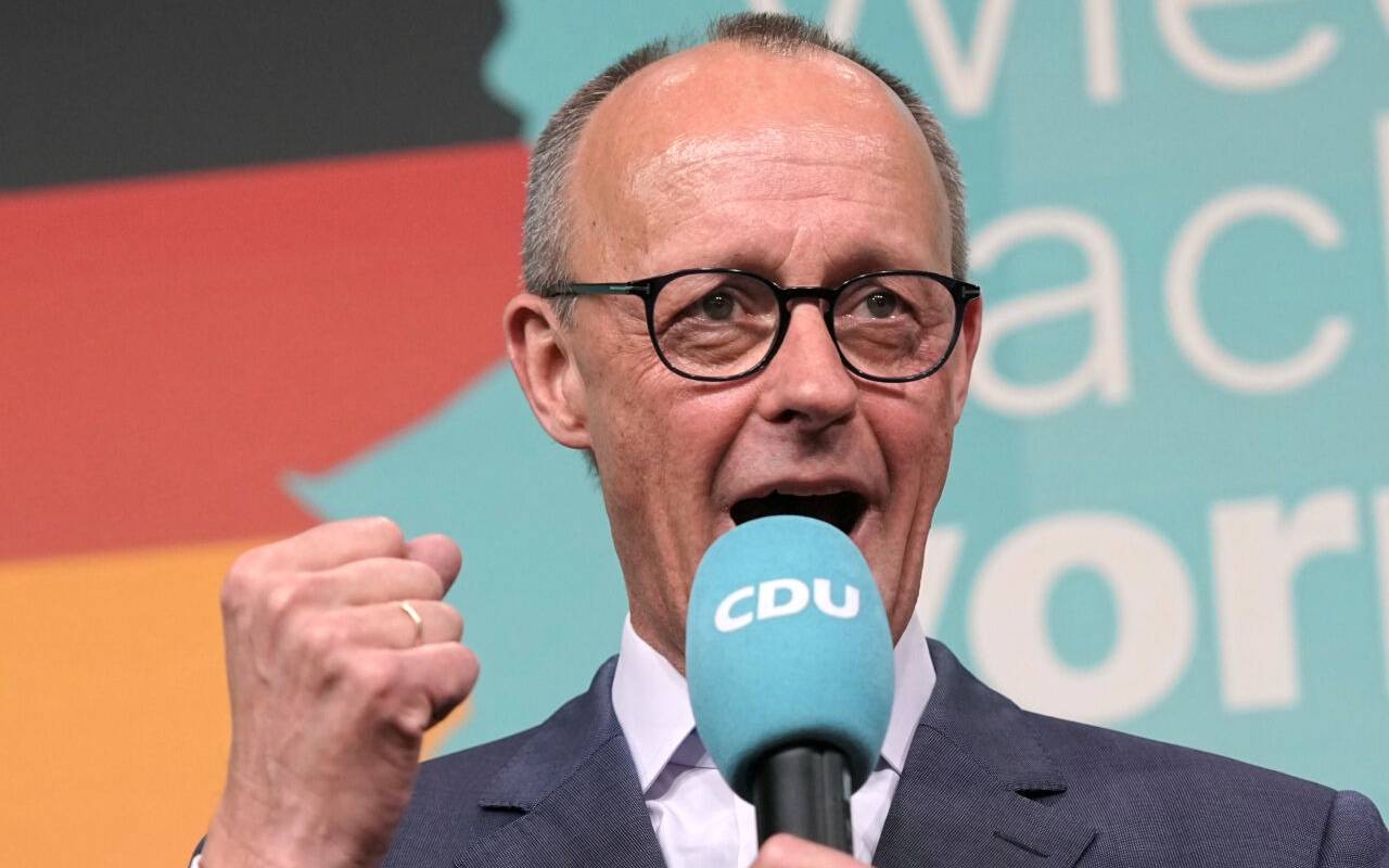 Friedrich Merz (CDU), Parteivorsitzender und Kanzlerkandidat, spricht im Konrad-Adenauer-Haus zum Ergebnis der Bundestagswahl. Am Sonntag fand die vorgezogene Wahl zum 21. Deutschen Bundestag statt.