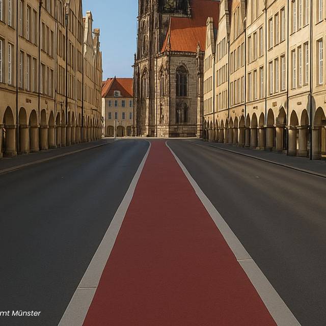 Der Prinzipalmarkt in Münster mit asphaltiertem Boden und einem roten Fahrradstreifen in der Mitte.