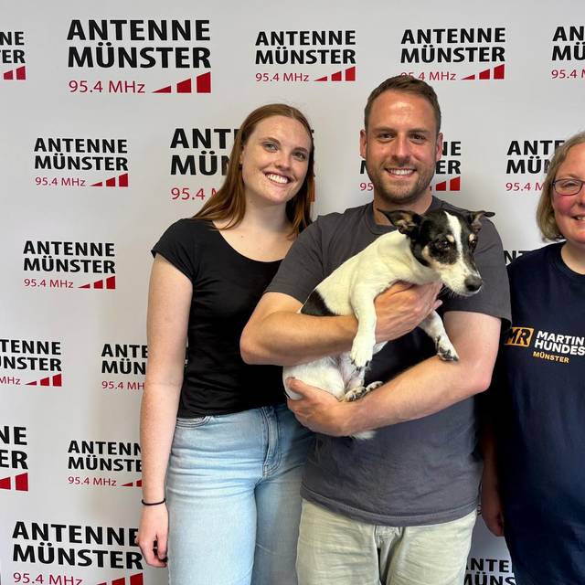 Auf dem Bild sieht man die MorningShow-Moderatoren Tino und Malena mit Tinos Hund Aaron und Hundetrainerin Nina.