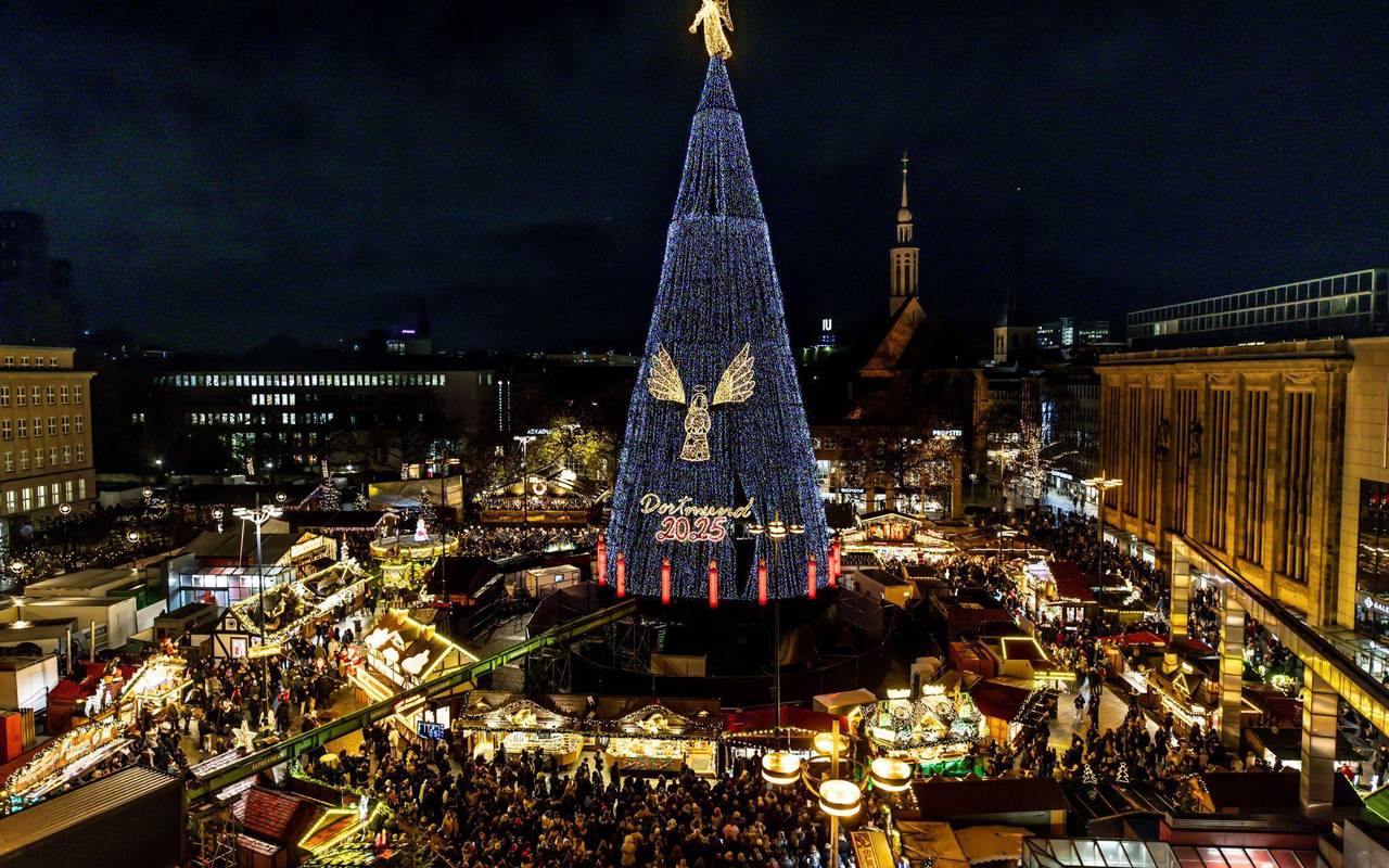Riesiger Weihnachtsbaum auf dem Dortmunder Weihnachtsmarkt
