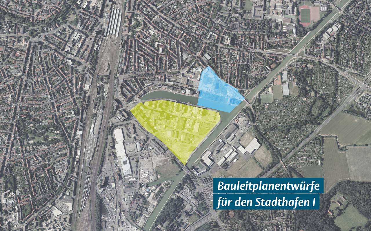 Die Bauleitplanentwürfe für das Gebiet zwischen Stadthafen I, Dortmund-Ems-Kanal und Schillerstraße (blaue Fläche) sowie für den Bereich zwischen Stadthafen I, Albersloher Weg und Dortmund-Ems-Kanal (grüne Fläche) liegen vom 5. Januar bis zum 5. Februar öffentlich aus.
