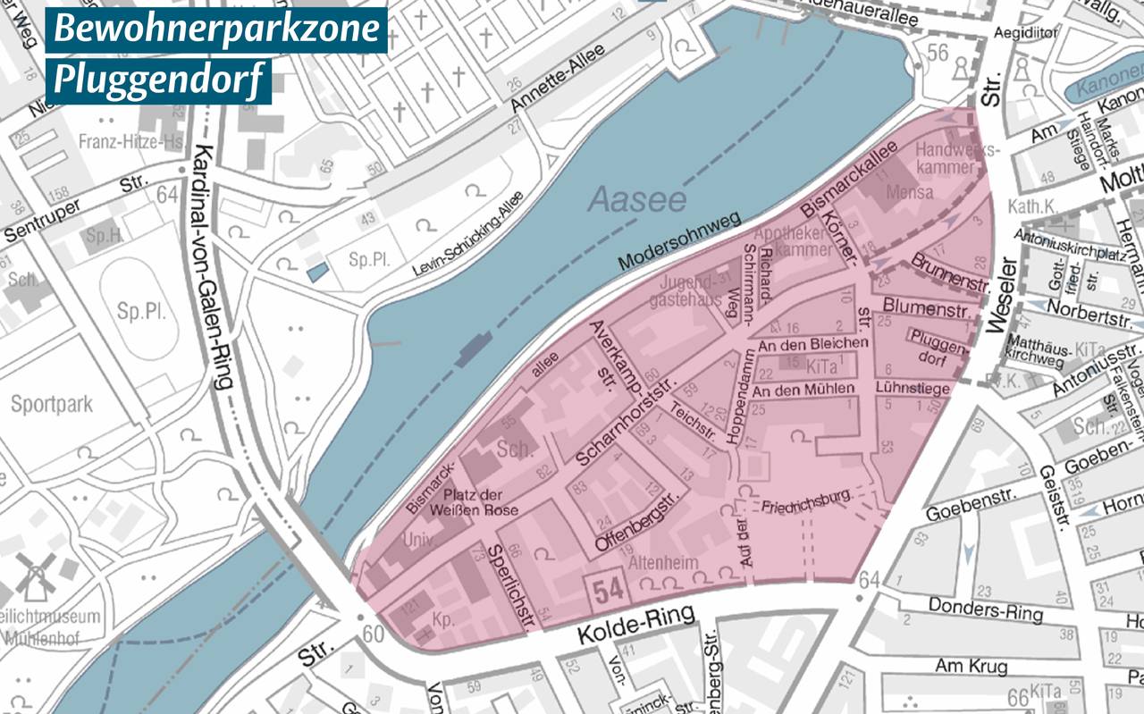 Die neue Bewohnerparkzone in Pluggendorf zwischen Kolde-Ring, Weseler Straße und Bismarckallee.