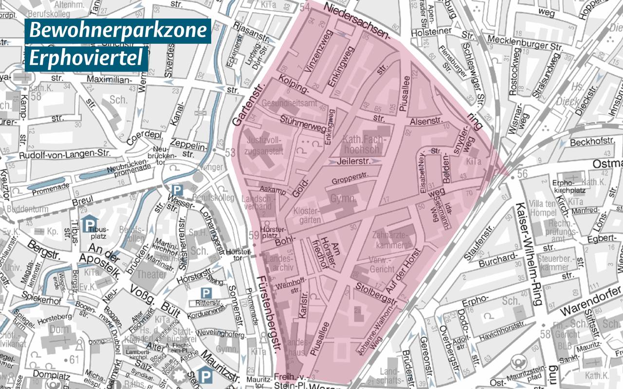 Die neue Bewohnerparkzone im Erphoviertel zwischen Gartenstraße, Bahnschienen und Niedersachsenring.