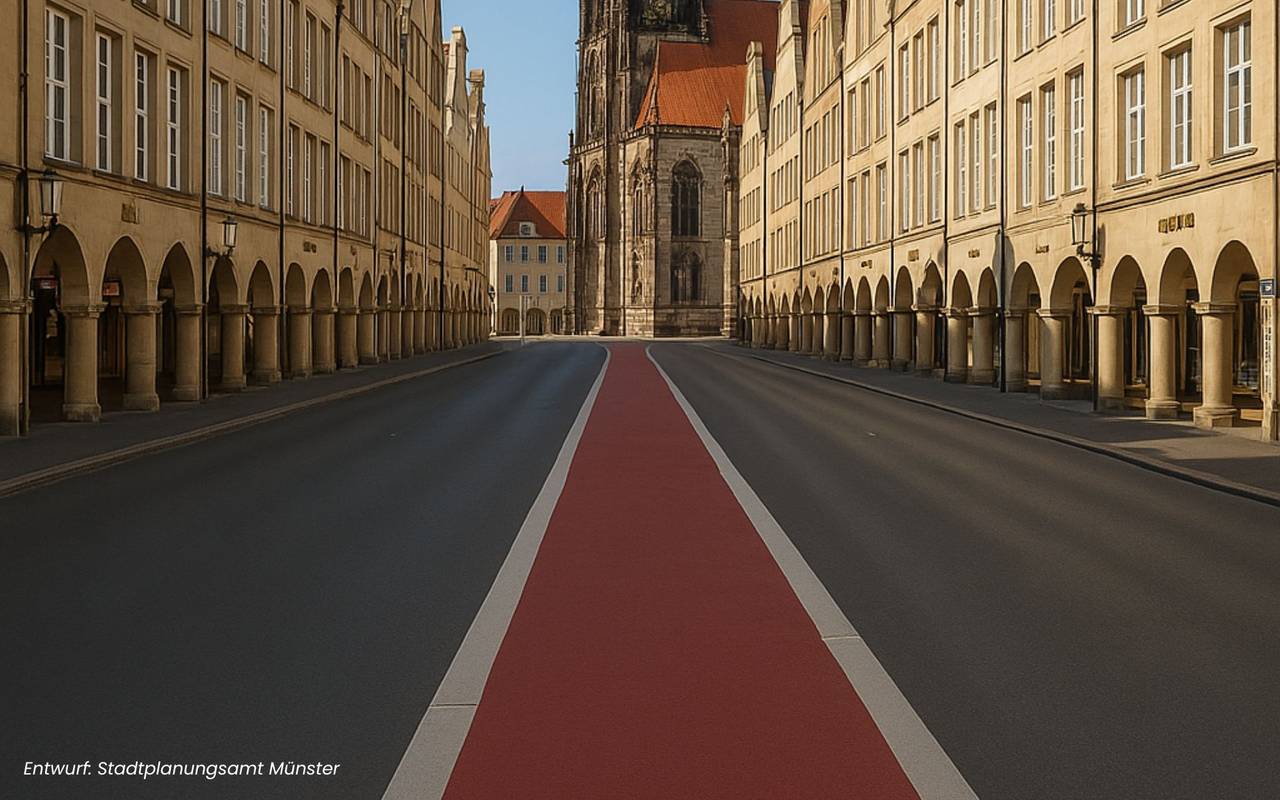 Der Prinzipalmarkt in Münster mit asphaltiertem Boden und einem roten Fahrradstreifen in der Mitte.