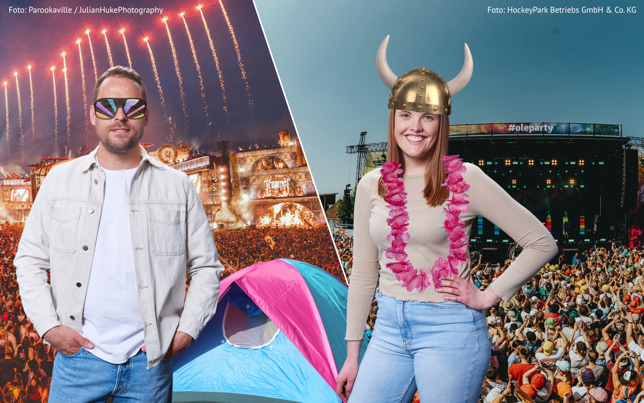 Eine Collage zweier Bilder: Das linke Bild zeigt das Parookaville-Festival. Auf dem rechten Bild ist Münster Olé zu sehen.