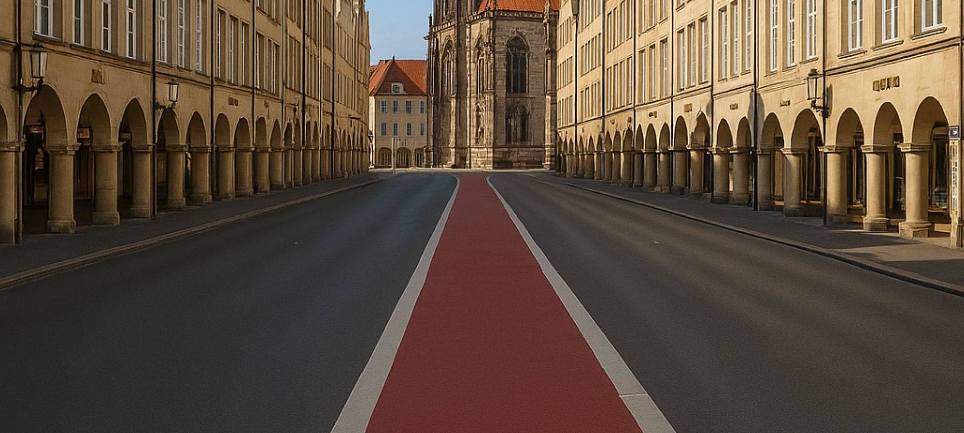 Der Prinzipalmarkt in Münster mit asphaltiertem Boden und einem roten Fahrradstreifen in der Mitte.