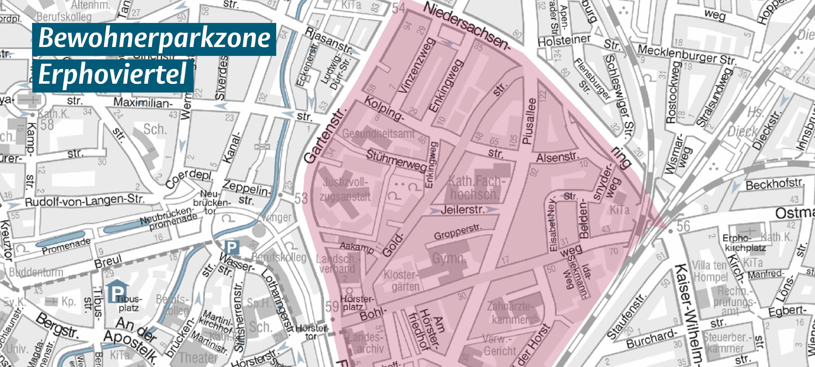 Die neue Bewohnerparkzone im Erphoviertel zwischen Gartenstraße, Bahnschienen und Niedersachsenring.