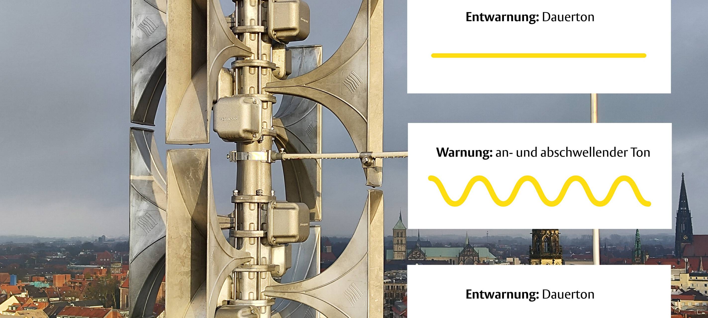 Die Sirenensignale Entwarnung - Warnung - Entwarnung sind beim Probealarm am 10. September 2026 in Münster zu hören.