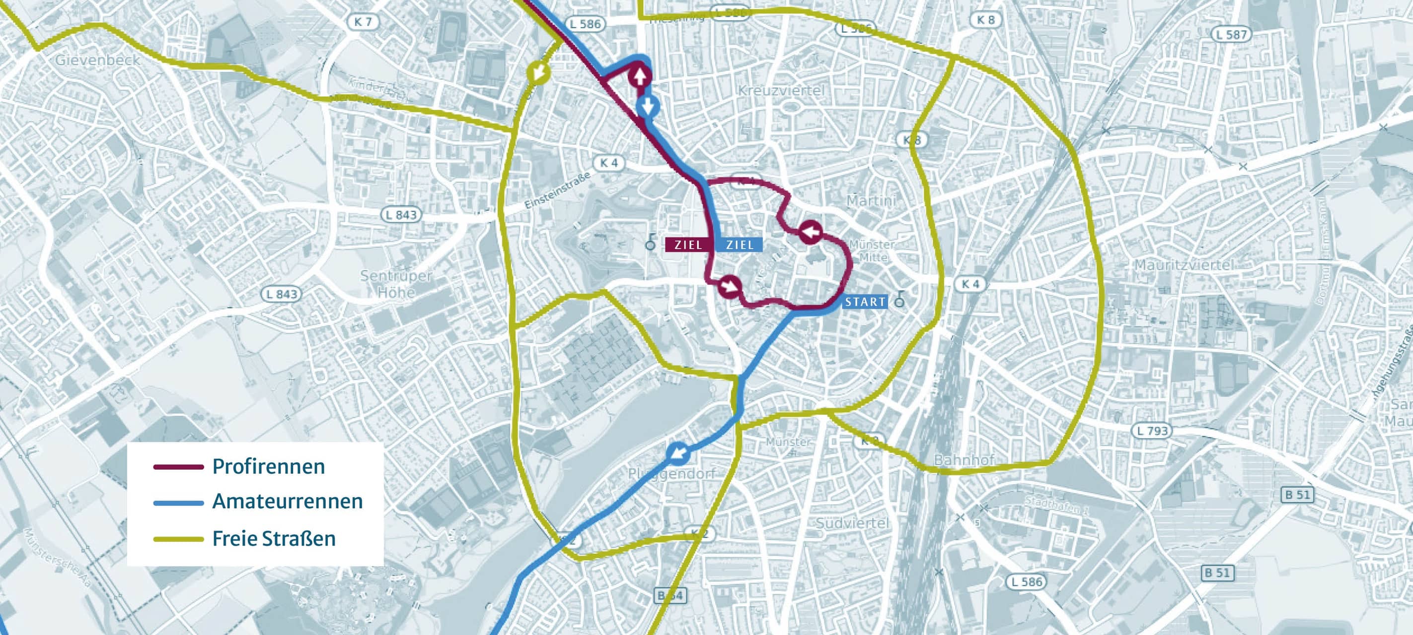Beim Sparkassen Münsterland Giro werden die rot und blau markierten Straßen für Autos gesperrt. Die grüne Markierung zeigt freie Strecken für den Kfz-Verkehr.
