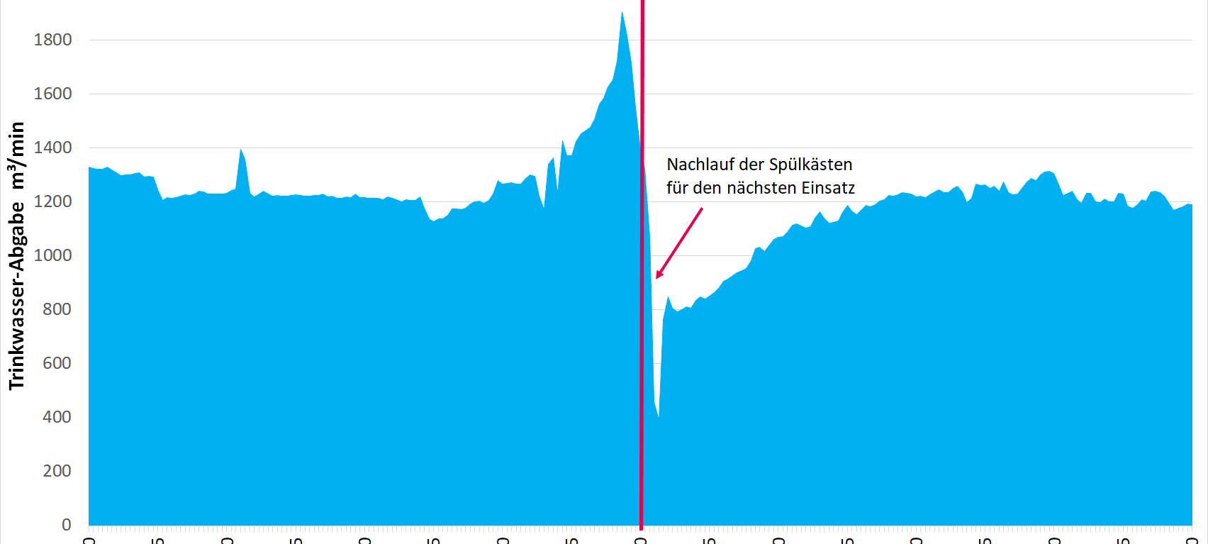 Eine Grafik, die den Wasserverbrauch rund um den Jahreswechsel darstellt. In der Mitte ist die Verbrauchsspitze kurz vor Mitternacht zu sehen.