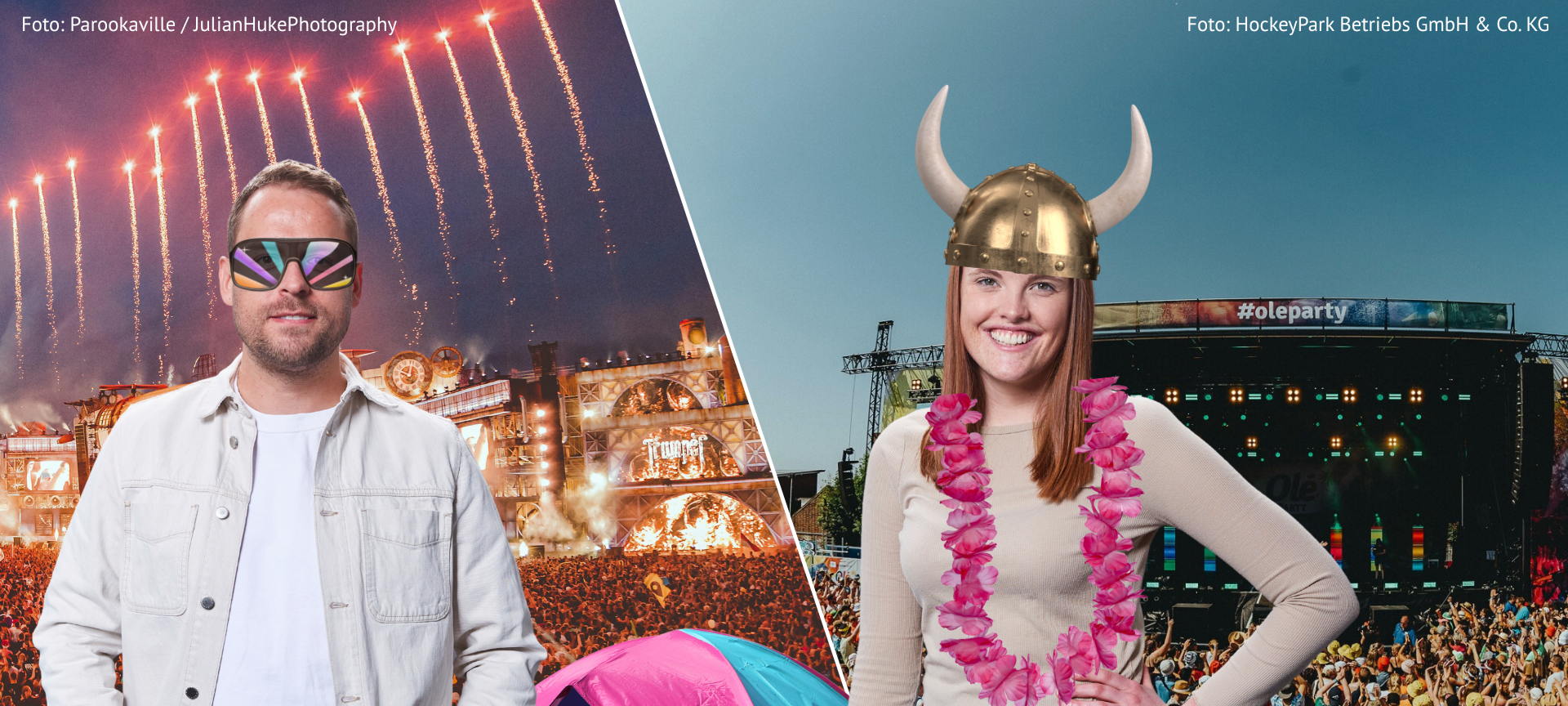 Eine Collage zweier Bilder: Das linke Bild zeigt das Parookaville-Festival. Auf dem rechten Bild ist Münster Olé zu sehen.